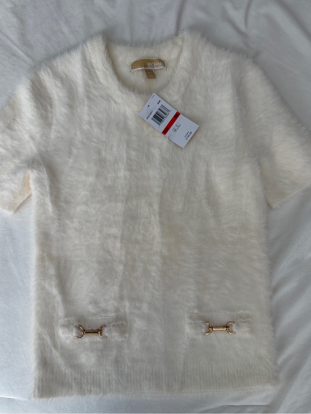 Michael Kors Cream Short-Sleeve Fuzzy Crewneck Sweater with Gold Hardware